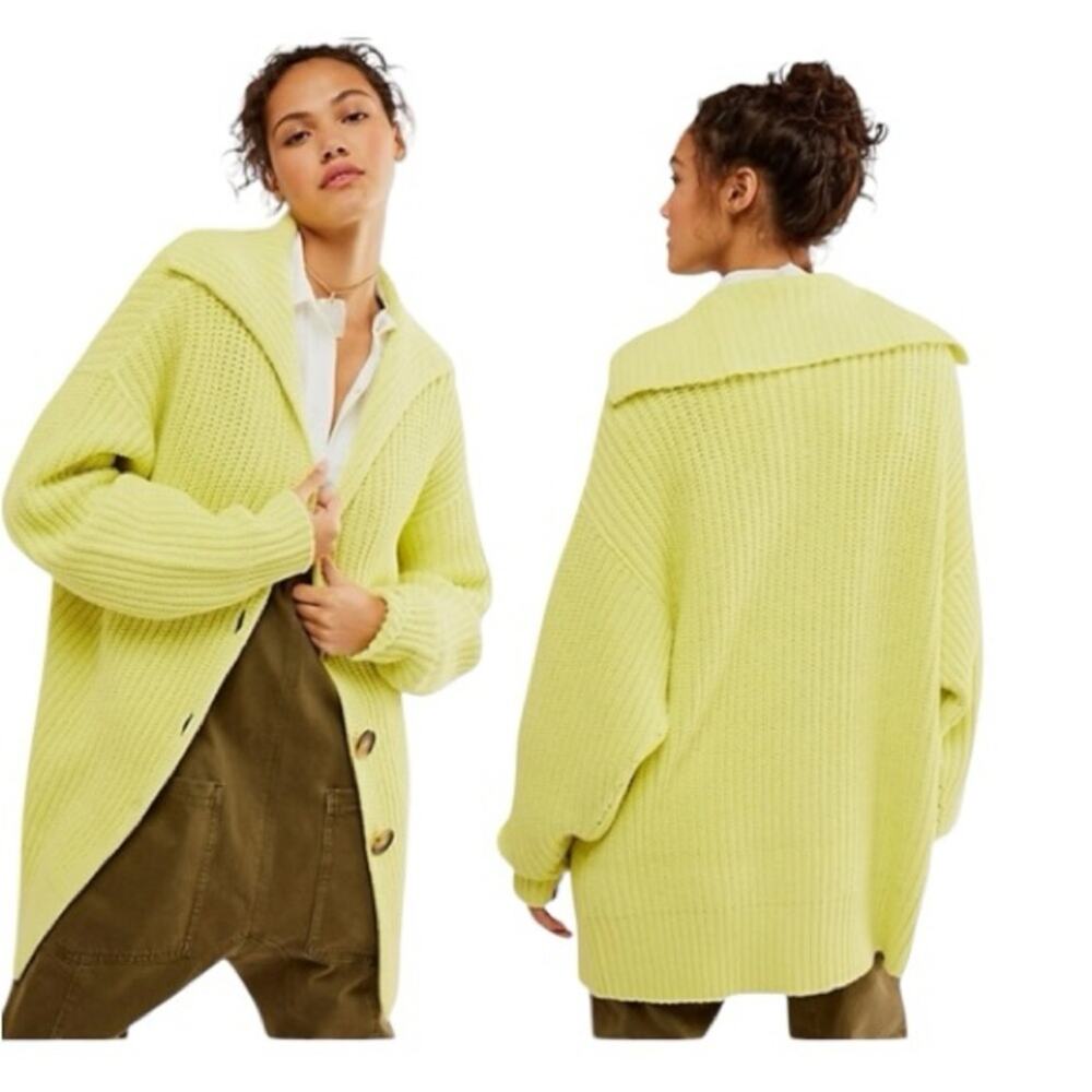 Free People Oversized Cardigan Chunky Knit Green M Boho Preppy Swim Too Deep‎